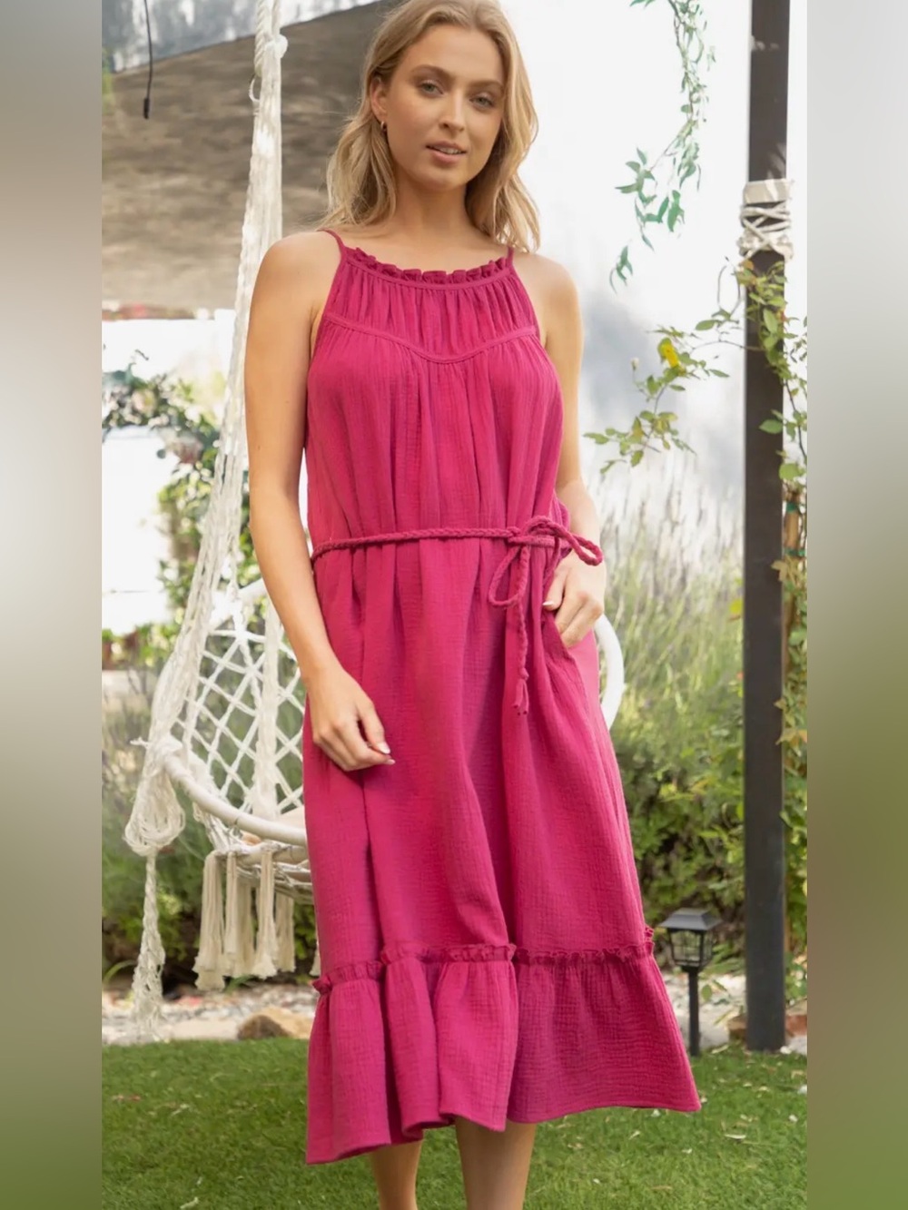 Fuchsia Tiered Maxi Dress with Braided Waist Tie